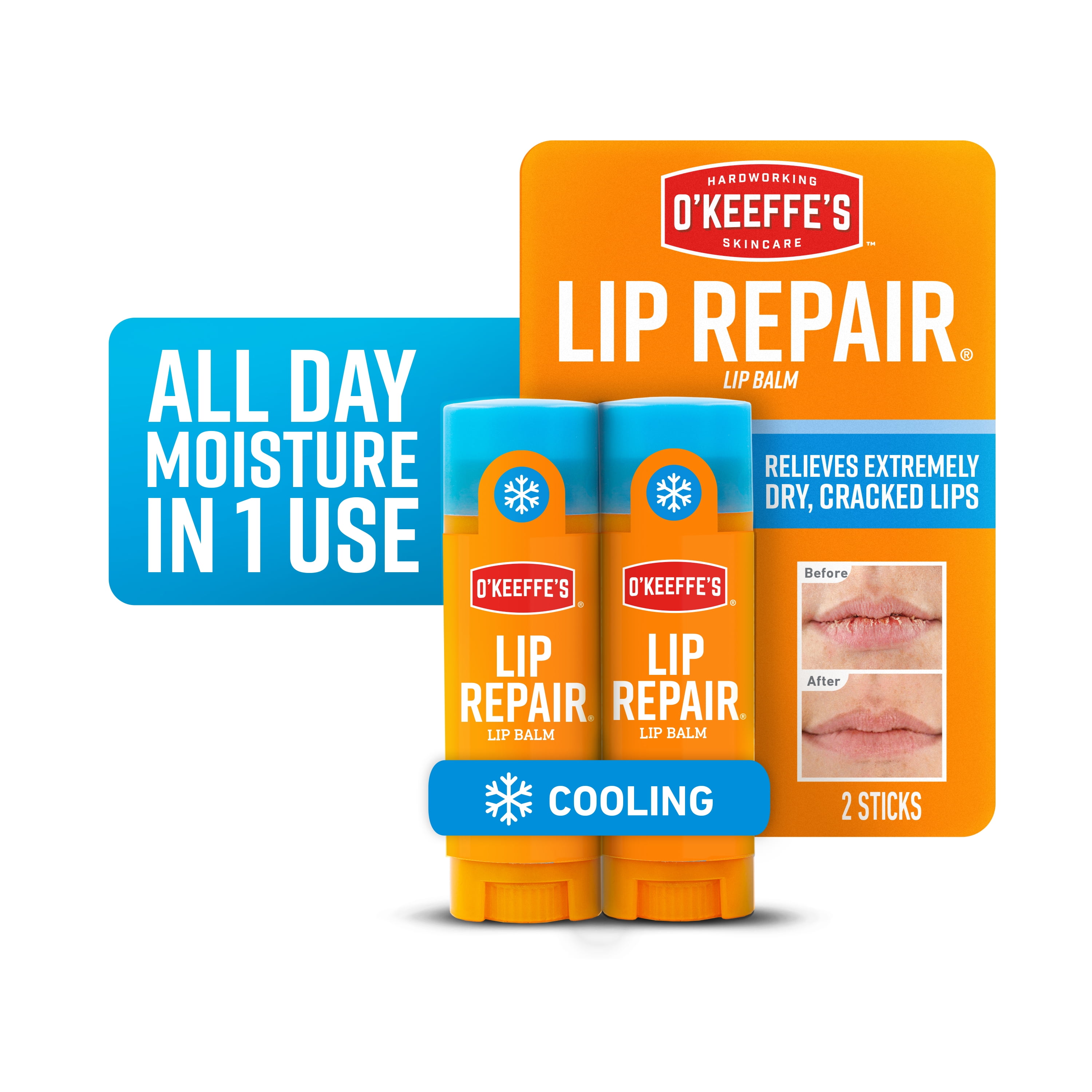 (2 pack) O'Keeffe's Cooling, Moisturizing & Long-Lasting Lip Repair, Clear Matte Lip Balm, 0.15oz Each, 2 Pack