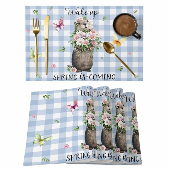 Blue Plaid Groundhog Placemats Set of 4, Spring Floral Butterfly Botanical Placemats for Dining Table, Place Mats for Kitchen Tabletop, Waterproof Wipeable Dining Table Mats Set