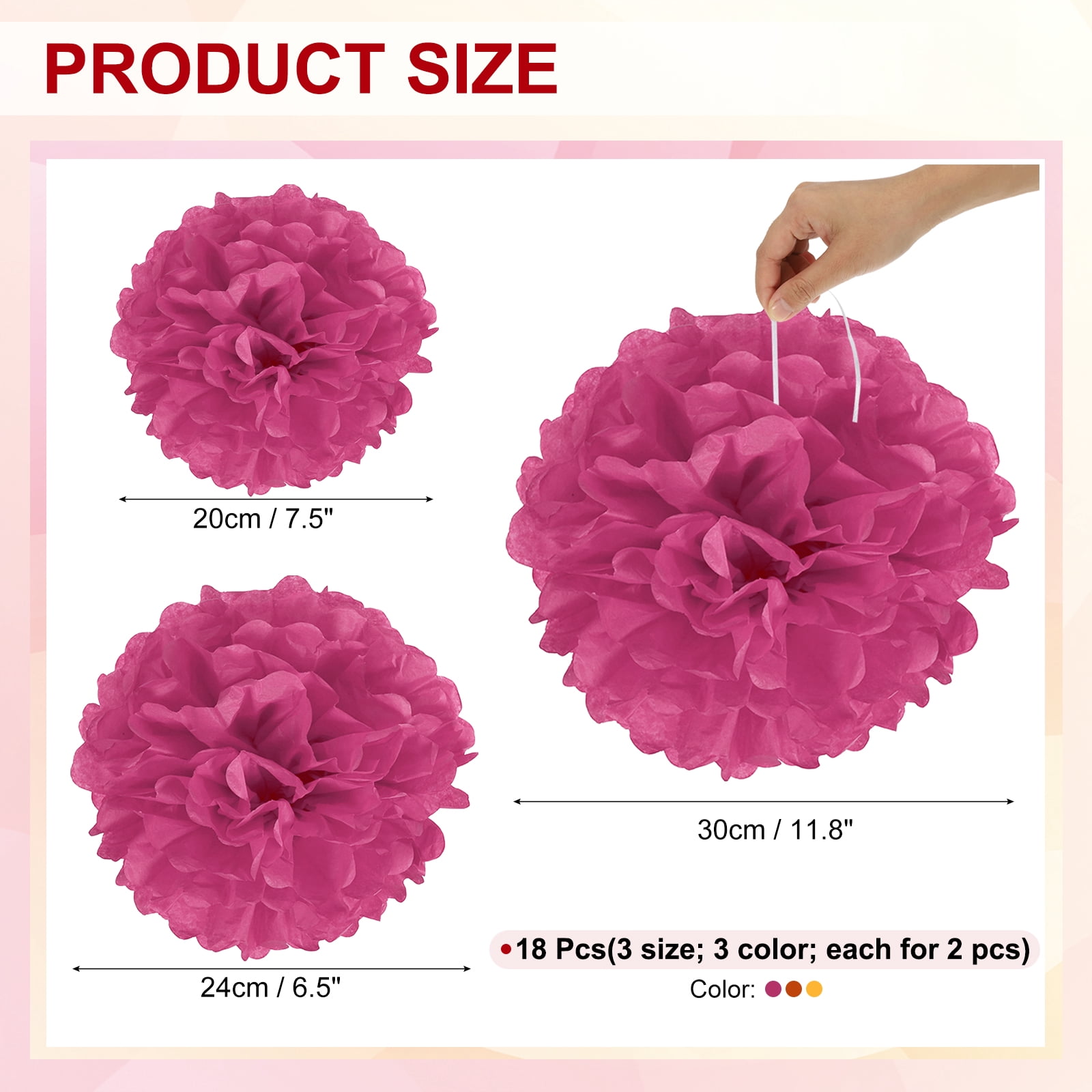 8" 10" 12" Tissue Paper Pom Poms, 18PCS Pom Poms Paper Flowers Ball Tissue Paper Flowers Assorted Size for Wedding Birthday Party Backdrop Decoration, Rose Red Orange Yellow