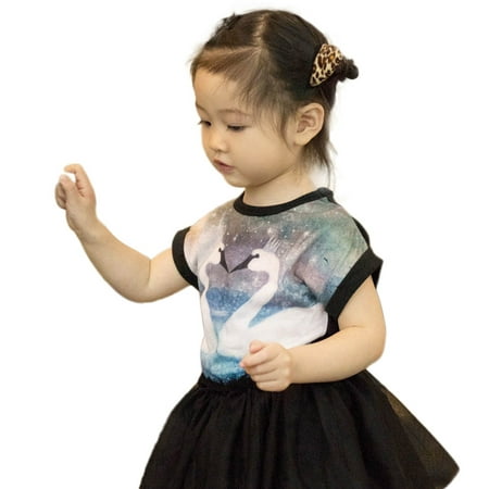 Toddler Child 2019 FASHION CUTE Baby Girls Dress Swan Pattern Layered Tulle Casual Dress