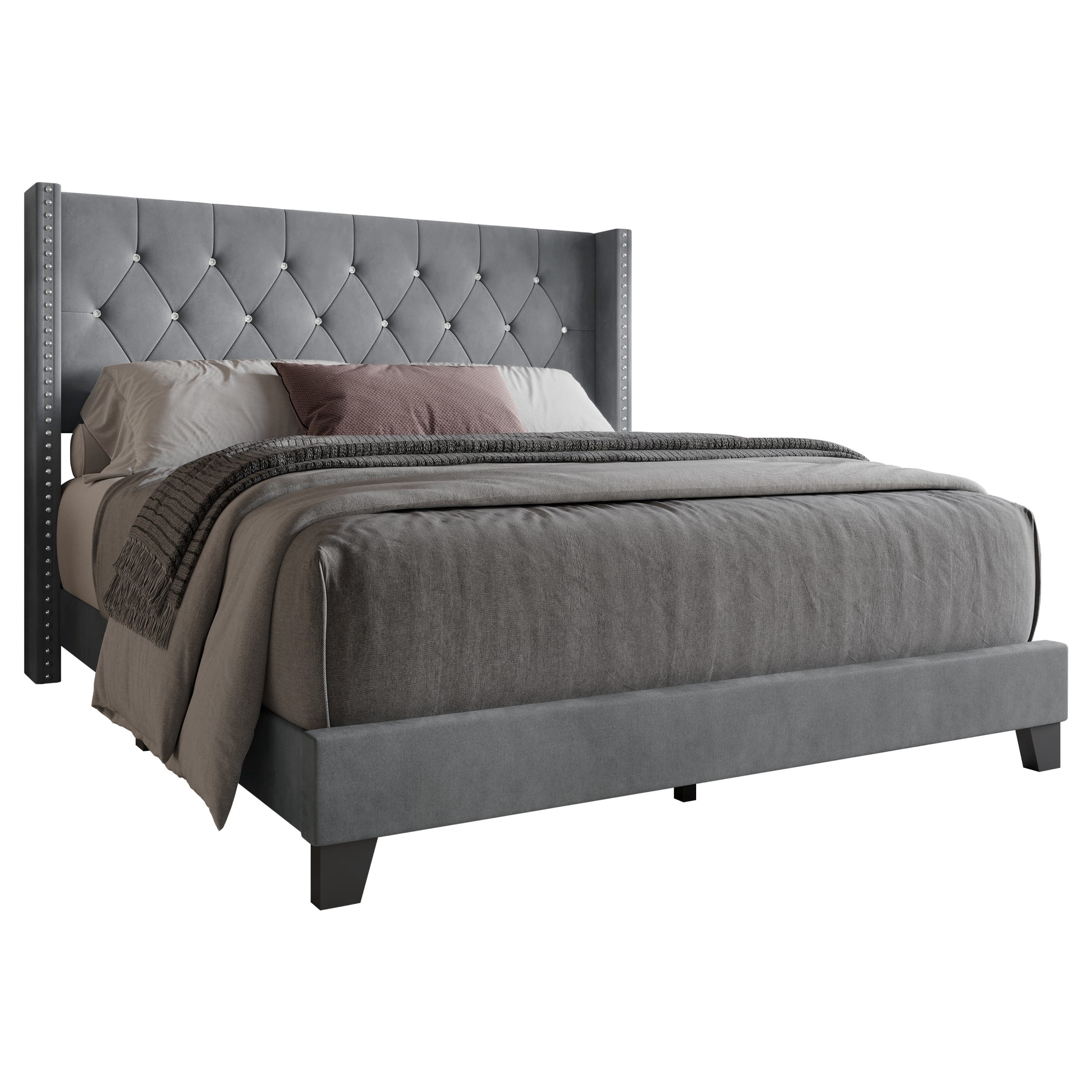 Home Design Monroe Twin Tufted Upholstered Wingback Panel Bed Frame with Diamond Tufting and Nailhead Trim for Adult Bedroom, Gray