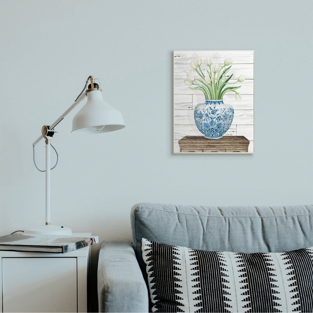 Stupell Industries Fresh White Tulips on Blue Floral Vase Design Graphic Art Unframed Art Print Wall Art, 13x19, by Cindy Jacobs