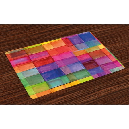 Abstract Placemats Set of 4 Rainbow Colored Geometric Square Shaped with Blurry Hazy Effects Watercolor Design, Washable Fabric Place Mats for Dining Room Kitchen Table Decor,Multicolor, by
