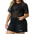 thumbnail image 4 of Unique Bargains Women's Plus Size Mesh Top Round Neck Short Sleeve Sheer Crop Tops 1X Black, 4 of 6