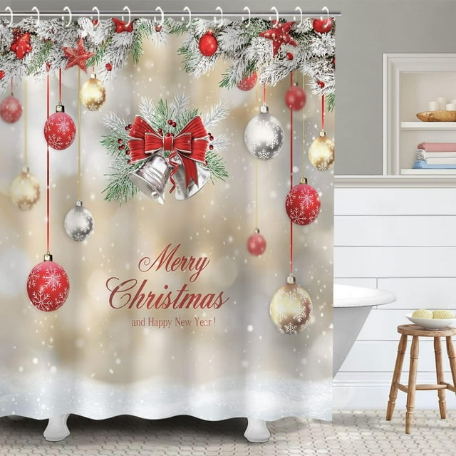 Rideaux de Douche de Noël pour Salle de Bain Rideaux de Douche de Noël Tissu Rouge Ensemble de Salle de Bain de Noël avec Crochets Boules Rouges Argent Joyeux Noël Décoration de Salle de Bain Vacances, 72 Pouces L x 72 Pouces H