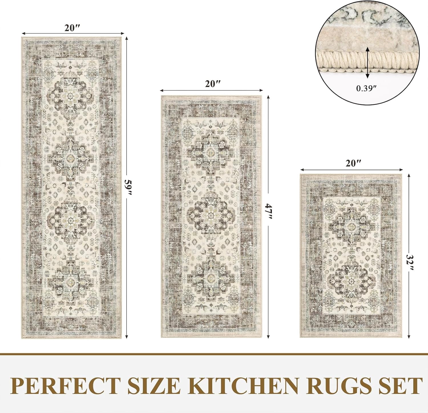 Kitchen Rug and Mat, Yamaziot Kitchen Runners Rugs Set of 3, Washable Non Slip Farmhouse Hallway Laundry Room Mat for Floor, Comfort Vinatge Boho Carpet