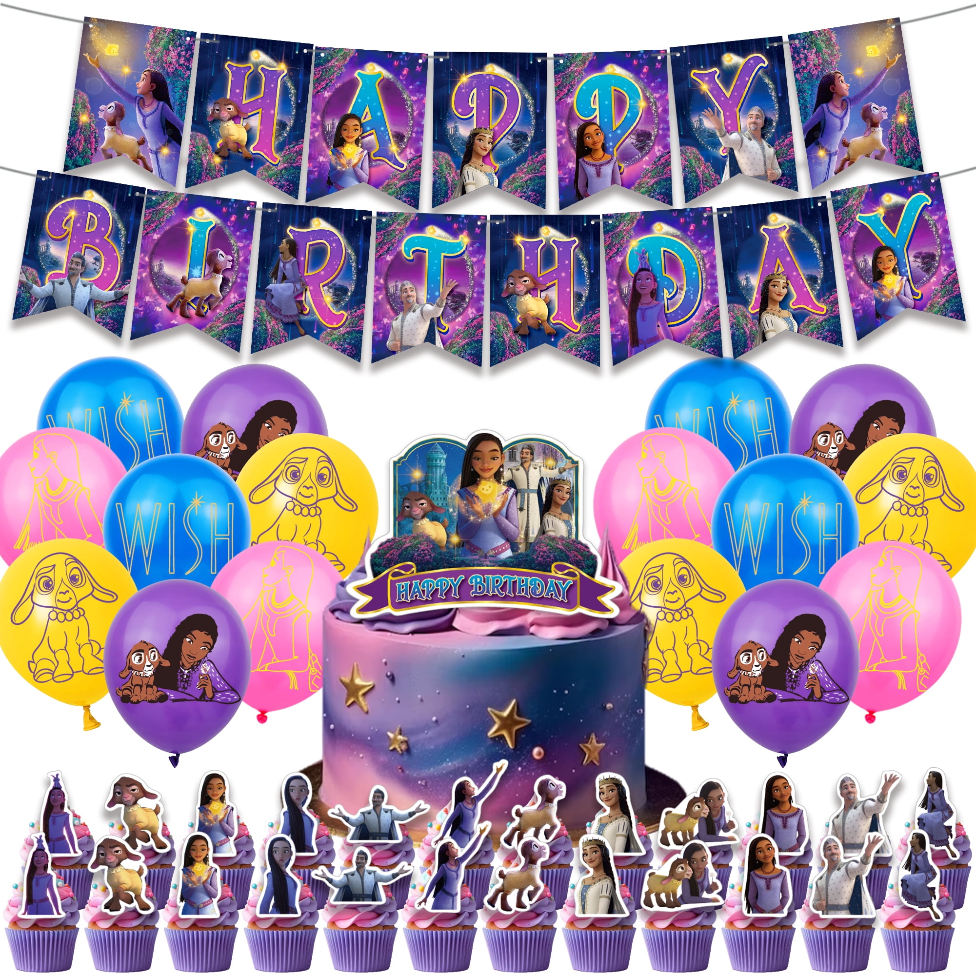Wish Theme Birthday Party Decorations Wish Asha Princess Party Supplies Include Wish Banner,Cake Topper,Cupcake Toppers,Latex Balloons for Birthday Baby Shower Festive Decoration