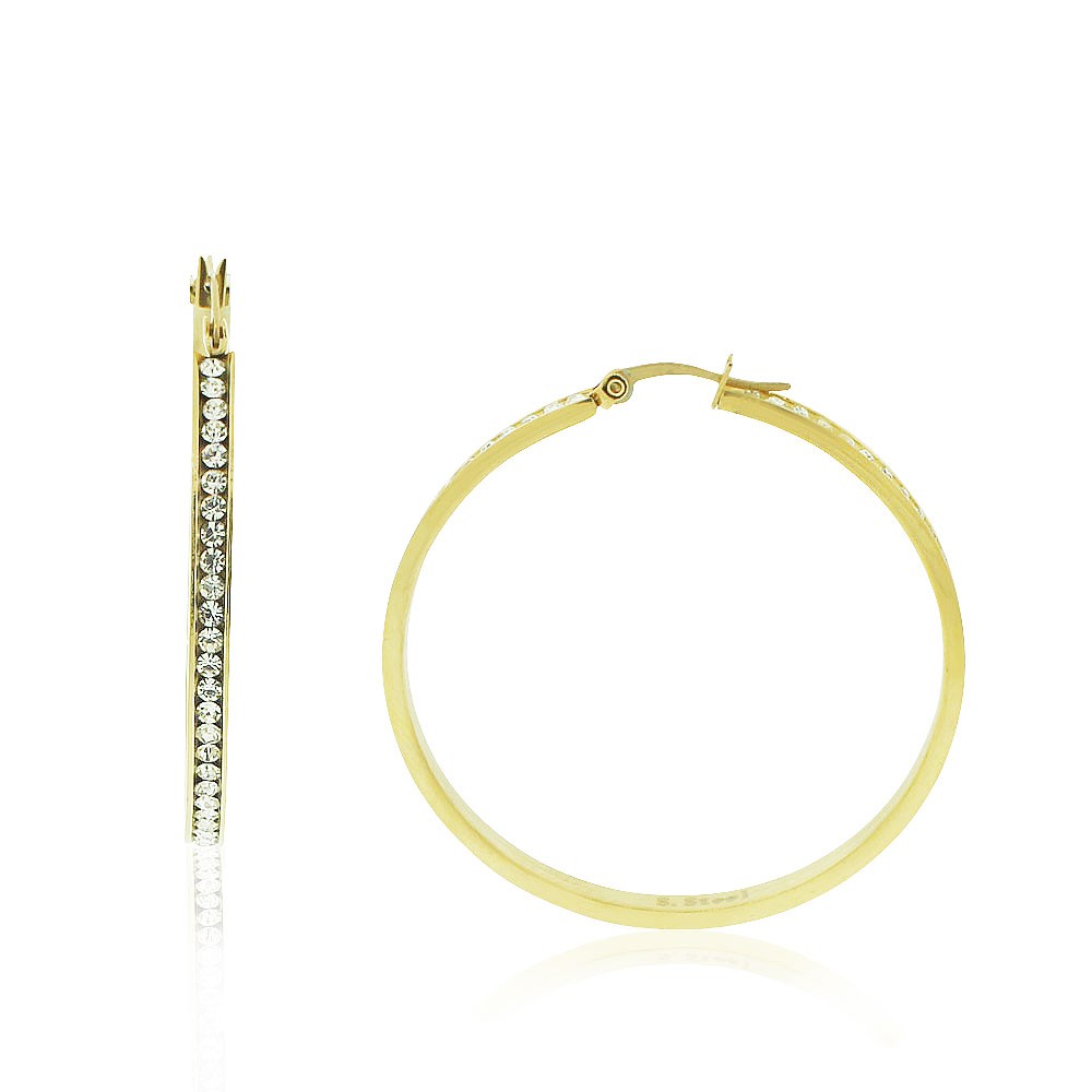Stainless Steel White Clear CZ Classic Round Hoops Earrings, 2.00"