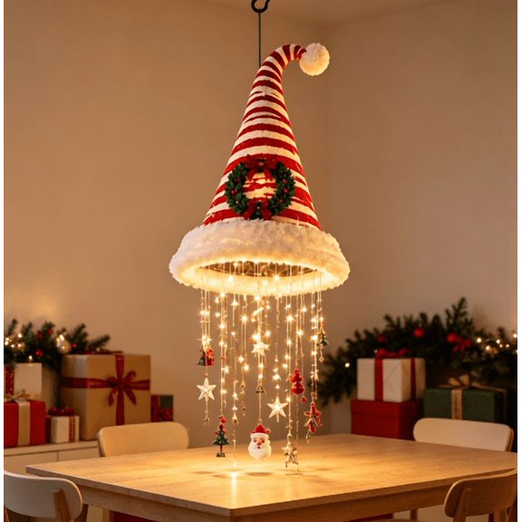 Lighted Candy Cane Striped Wreath Hat Hanging Chandelier, Whimsical Christmas LED Hanging Light, Festive Wall Porch Ornament for Holiday Gathering