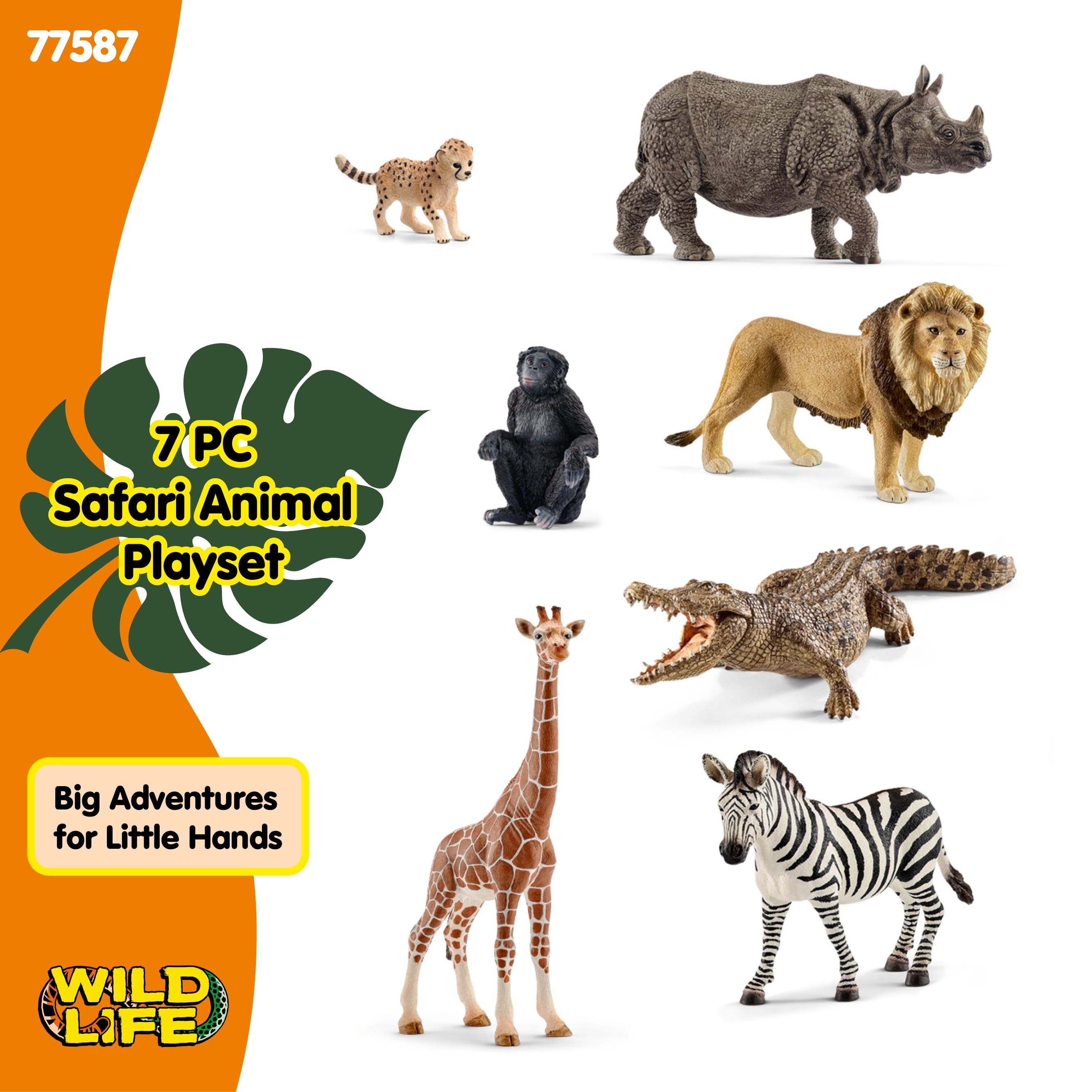 Schleich Animals Wild Life Safari Animals Figures 7-Piece Animal Figurines Set with Lion, Giraffe, Zebra, Bonobo, Rhino, Crocodile and Cheetah Cub Toy