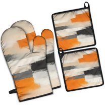 Orange and Grey Abstract Art Artwork Kitchen Oven Mitt and Pot Holder Sets 4 Pcs for Baking, Cooking and Grilling, Heat Resistant Up To 392 °F