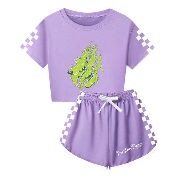 Youth Preston Playz 2pc Outfit – Girls Flame Graphic Top and Sport Shorts with Drawstring Checker Sleeve Game Apparel