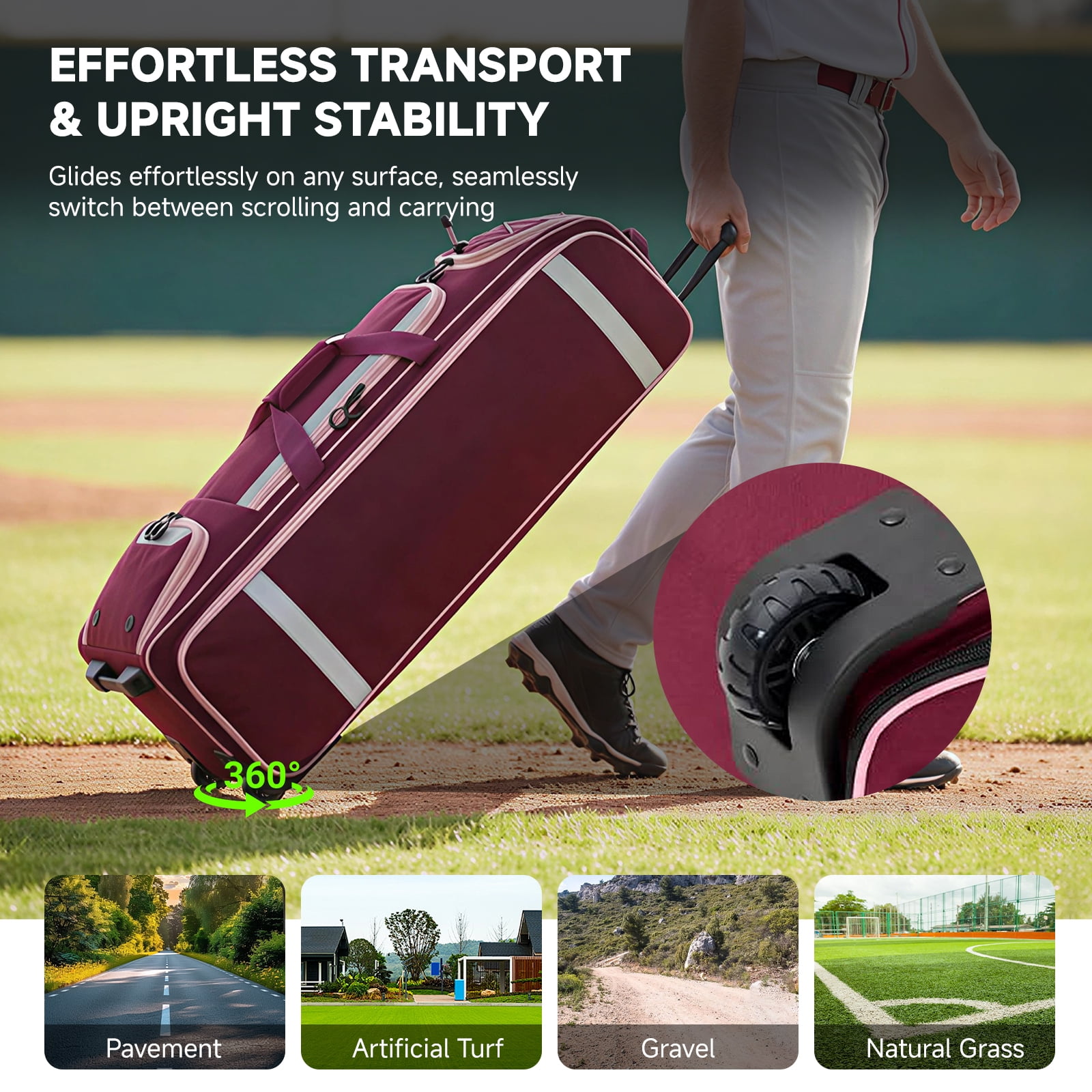 Fegat Rolling Baseball Bag with Wheels,100L Large Softball Bag Catchers Gear Bags for 8 Bats,Equipment Bag with 5 Fence Hooks,Reflective Strip,Shoe Compartment,Holds All Softball Baseball Equipment