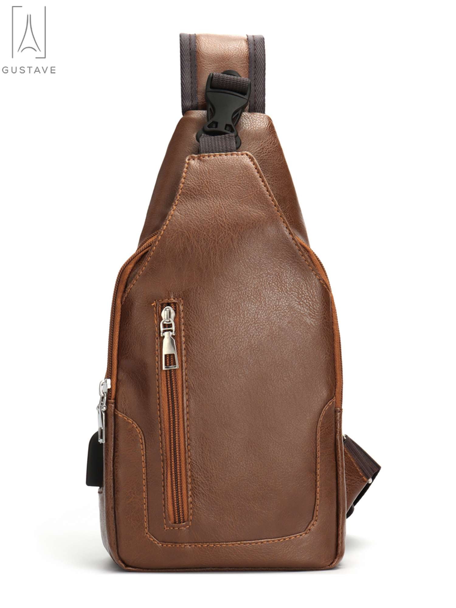  Bestsent Men's Leather Sling Bag,Chest Shoulder Backpack,  Water waterproof Crossbody Bag (#02 Brown)