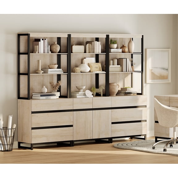 WAMPAT 3-Piece Modern 72" Tall Bookcase,6 Drawers & Adjustable Shelves with Storage Cabinet & Open Shelves, Freestanding Wood Library Bookshelf for Home Office & Living Room