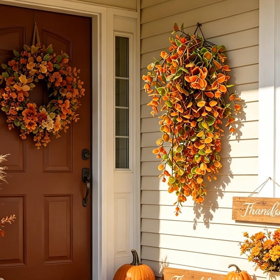 AuroraX Artificial Fall Wreath Thanksgiving Eucalyptus Wreath Decor Outdoor Autumn Festive Hanging Front Door Thanksgiving Decor