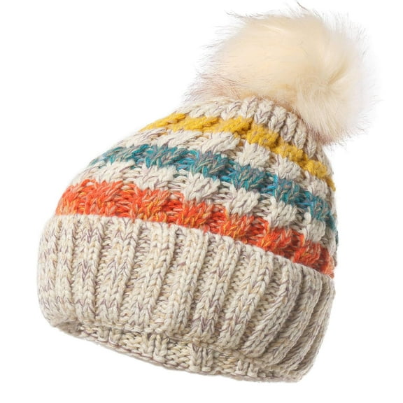 Holzlrgus Women's Winter Warm Knitted Crochet Hat Fleece Lined Cable Faux Fur Pom Pom Beanie Hat Skull Cap