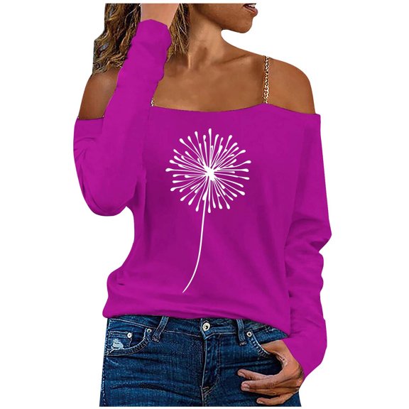 IROINNID Savings Women's Off-The-Shoulder Long Sleeve T-Shirt Printing Blouse Loose Tops,Hot Pink