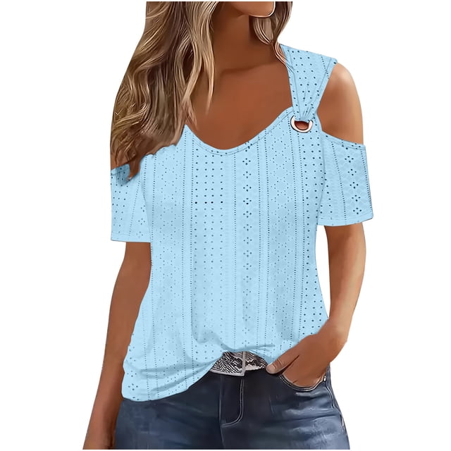 Timegard Hauts à Oeillets pour Femmes Col en V Manches Courtes Épaules Dénudées Été Chic Décontracté Tunique Hauts Blouse