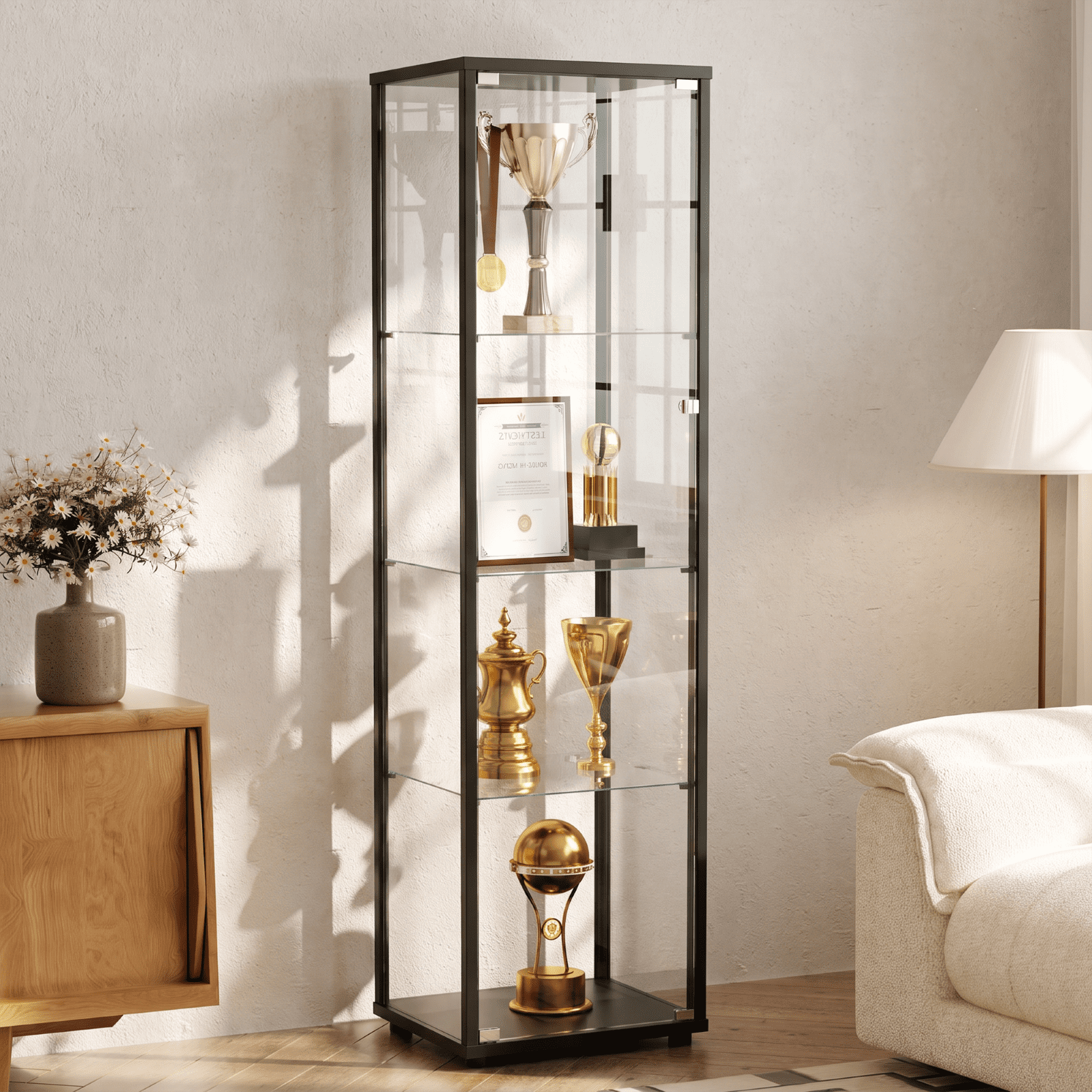 Gleamira 4-Shelf Glass Display Cabinet Freestanding Curio Cabinet with Aluminum Frame Single Glass Door, Black