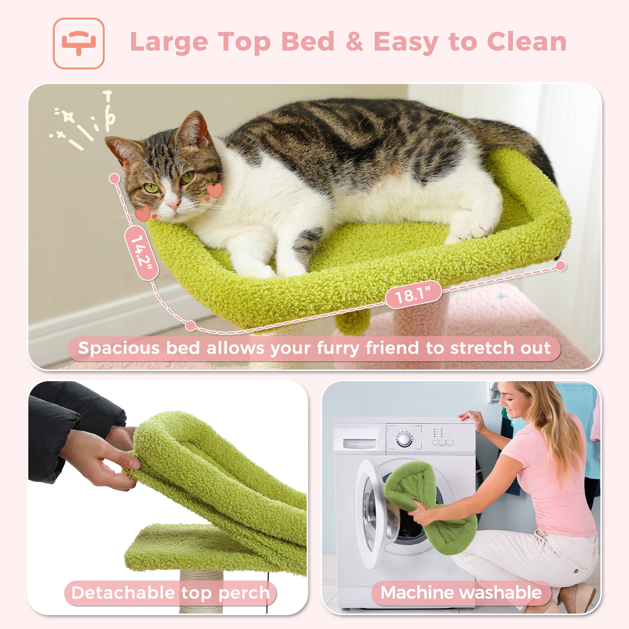 Pefilos 35.4" Flower Cat Tree Tower for Indoor Cats w/Large Top Bed, Comfy Hammock for Kittens, Cat Scratching Post and Dangling Ball, Pink