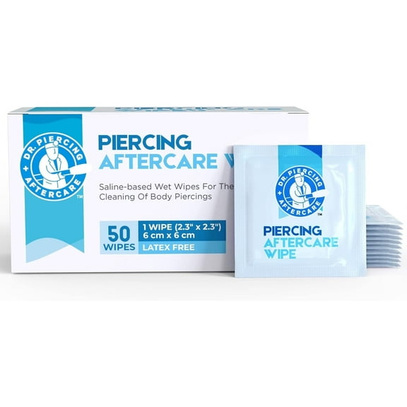 Dr. Piercing Aftercare Wipes - Gentle Wound Wash Saline Solution for Piercings - Keloid Bump Removal Ear Piercing Cleaner - Earring Lip Belly Nose Piercing Bump Treatment - Ear Hole Cleaner (50 Ct)