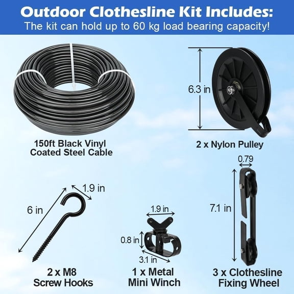 Outdoor Clothesline Kit 150ft Black PVC Coated Galvanized Steel Heavy Duty Pulley System with Winch and Separators for Backyard Balcony