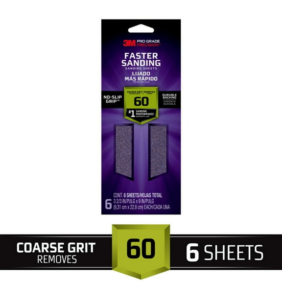 3M Pro Grade Precision Sandpaper, No-Slip Grip Backing, 3 2/3 in x 9 in, 60 Grit, 6 Sheets