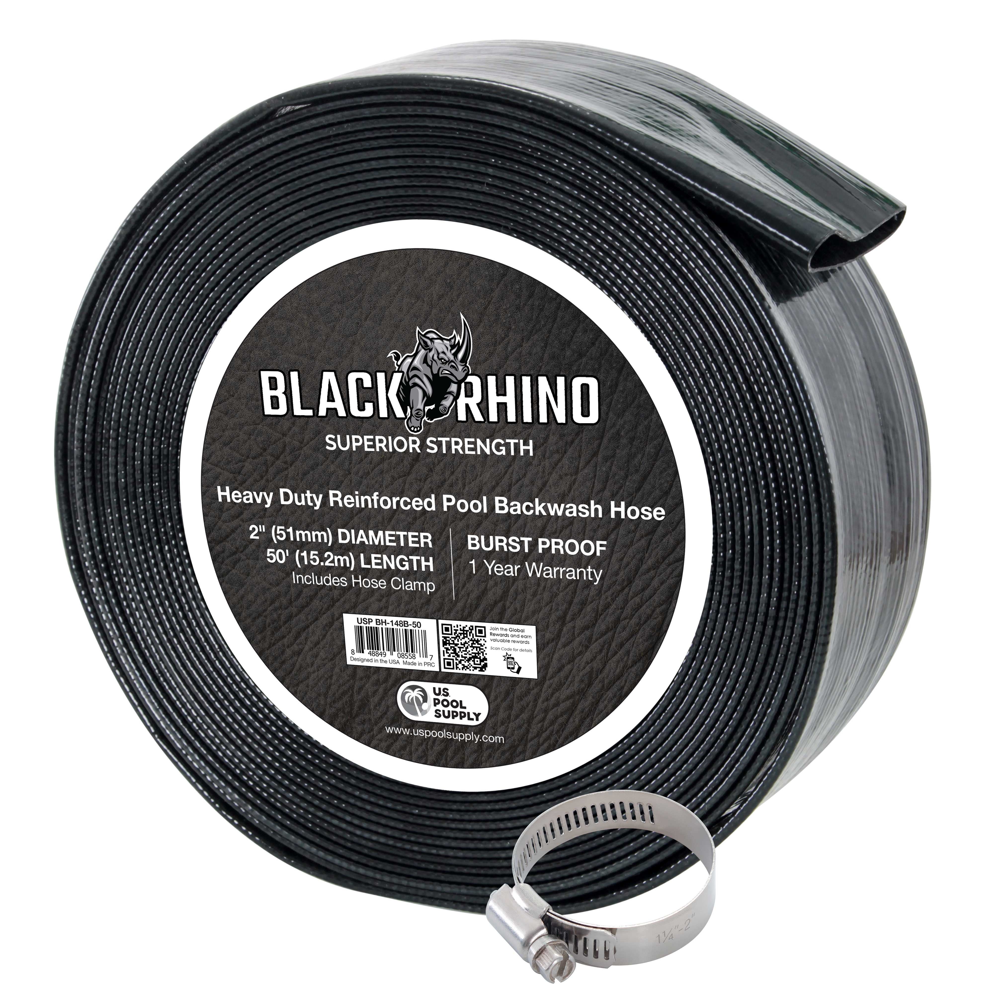 Black Rhino 2" x 50' Pool Backwash Hose with Hose Clamp Extra Heavy