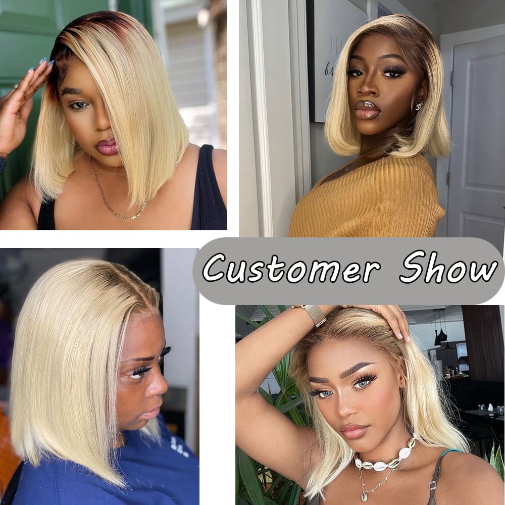 Mscathy Short Bob 12 Inch 13X4 Lace Front Remy Brazilian Human Hair Wig Preplucked HD Transparent Pixie Cut Ombre Honey Blonde Colored Lace Frontal Wigs For Women