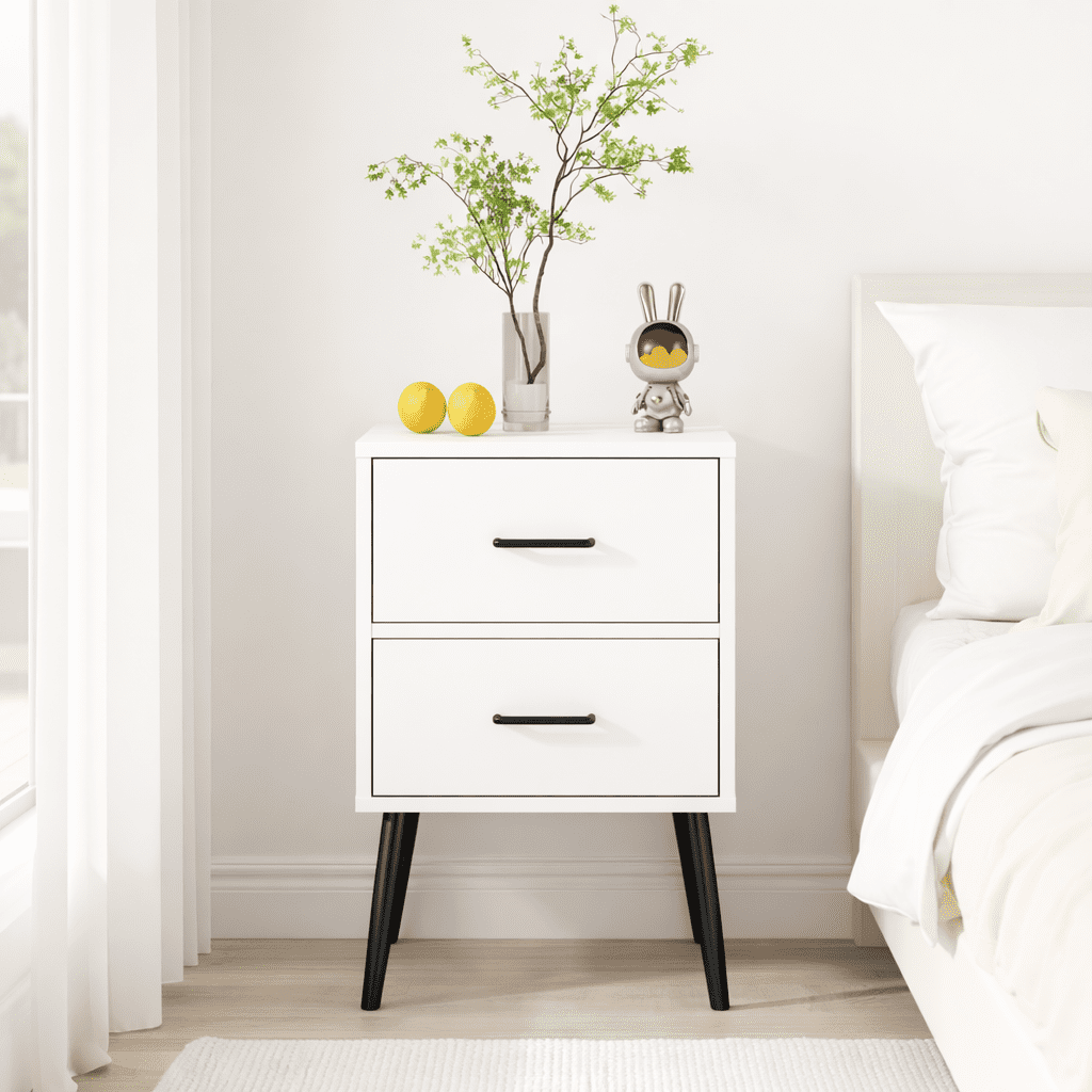 White MDF Nightstand with Metal Legs 2 Drawers Modern Bedside End Table Living Room Storage