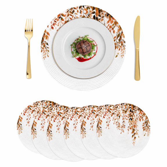 Orange Eucalyptus Round 13 Inch Placemats Set of 6, Fall Weeping Botanical Leaf Watercolor HeatResistant Non Slip Place Mats for Dining Table, Wipeable Braided Kitchen Table Mats for Housewarming