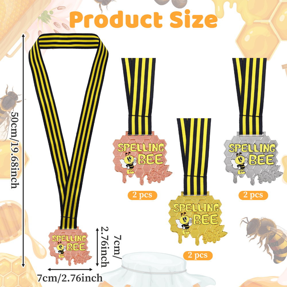 3 Pcs Spelling Bee Honeycomb Medals with Neck Ribbons, Gold Silver Bronze Awards Represents 1st 2nd 3rd Place, Durable Zinc Alloy Medals for Competition Events Party Decorations and Club Activities