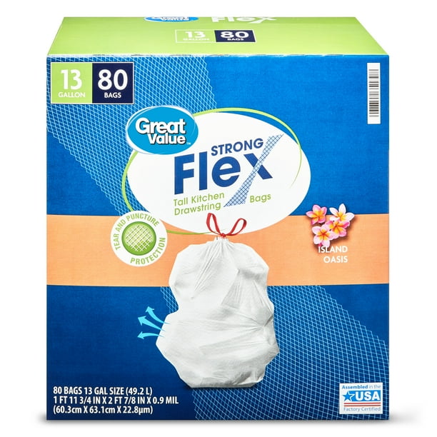 Great Value Strong Flex Tall Drawstring Kitchen Bags Island Oasis Scent 13 Gallon 80 Count Walmart Com