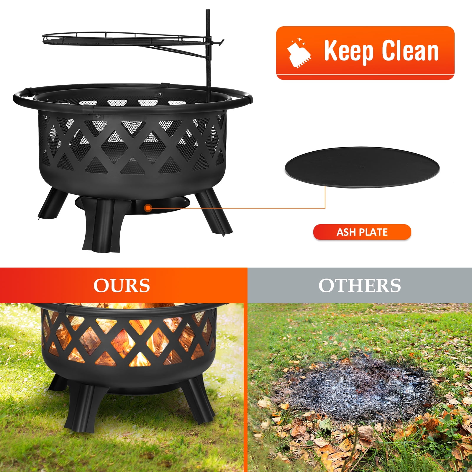 SinglyFire 30 inch Fire Pits for Outside with Grill Outdoor Fire Pits Wood Burning Large Firepit Bowl 2 in 1 BBQ Firepit Heavy Duty Steel for Patio Camping Backyard Bonfire Deck Picnic Porch Garden - 1