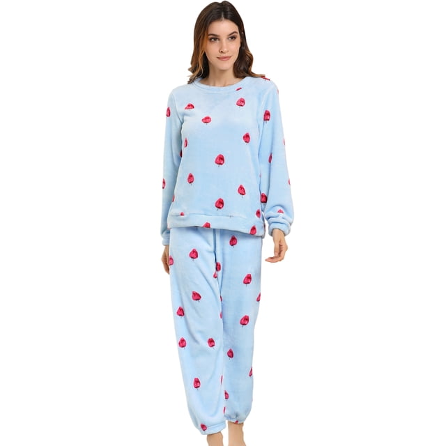 Pijama de Franela Lindo Impreso Allegra K Manga larga Top y Pantalones Para Dormir Suave Conjuntos Invierno Para Mujeres Fresa azul XL