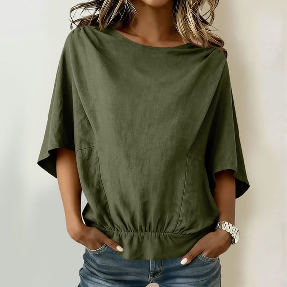 yardsong Womens Linen Top Boat Neck Half Sleeve Shirt with Shirred Hem Oversized Loose Fit Summer Dressy Casual Tunic Tops Army Green,M