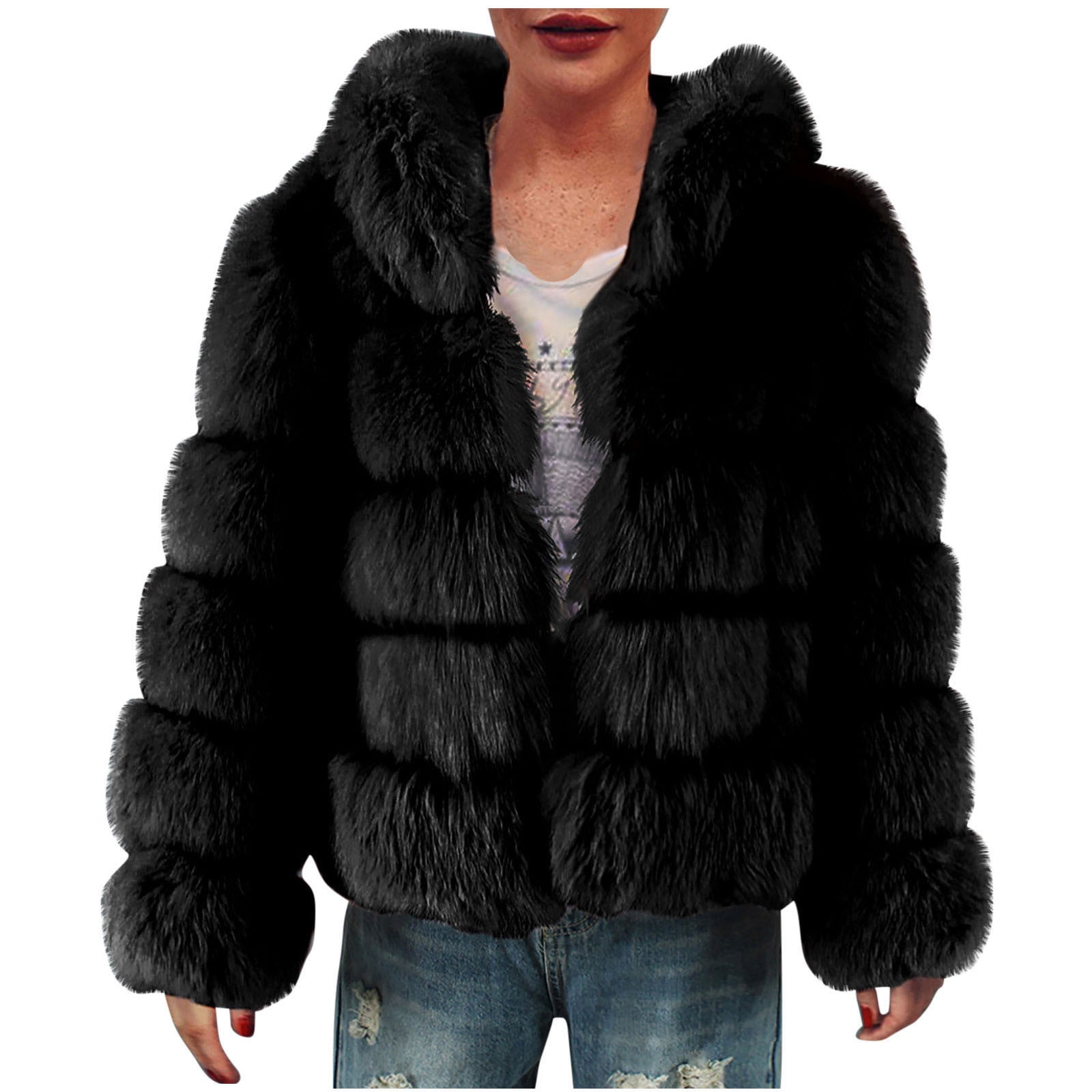 Womens Jacket Faux Fur Coat With Hood Black Faux Fur Coat Women