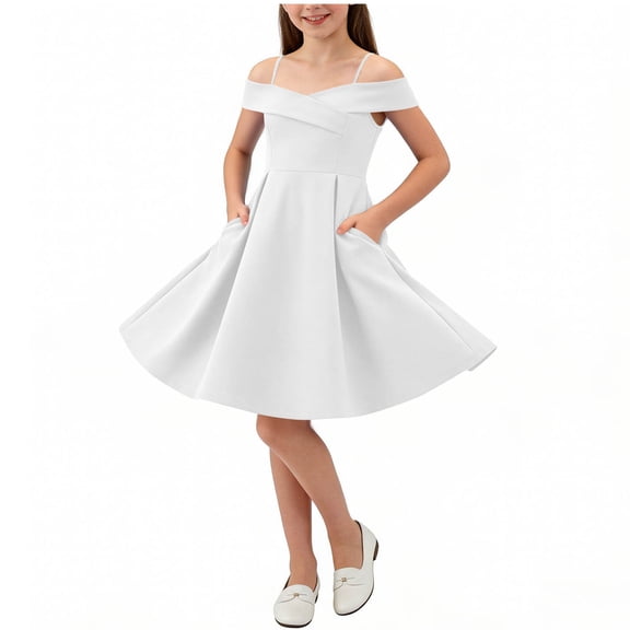 Ugoldhm Girls Off-the-Shoulder Formal Dress with Pockets - Spaghetti Strap A-Line Party Gown (6-14 Years)