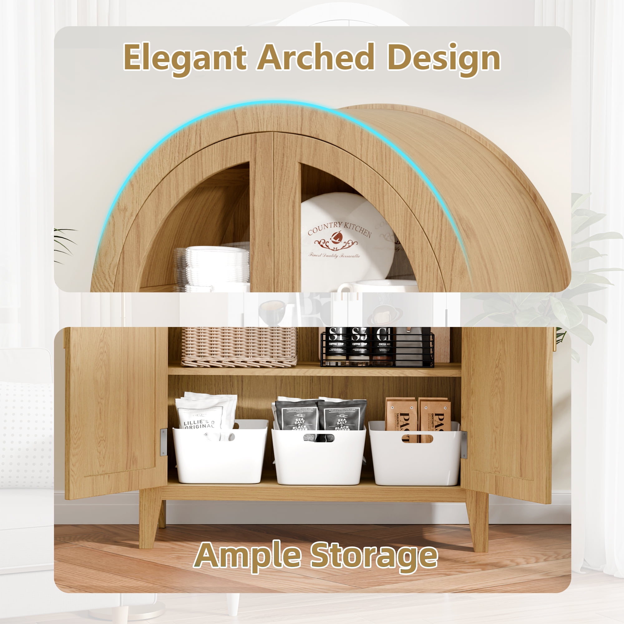 MAYEERTY Arch Display Cabinet with Glass Doors, Wooden Storage Cabinet with Adjustable Shelves for Living Room, 63" Oak