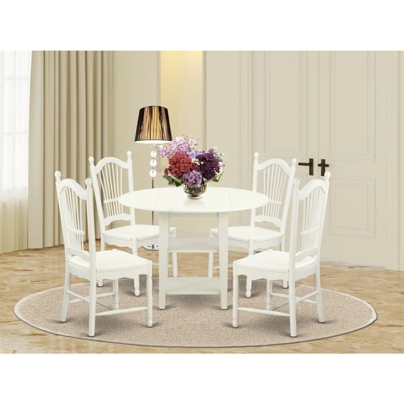 Dining Table Set 5 Piece Kitchen Set Linen White Wood Chairs Modern Oval Table