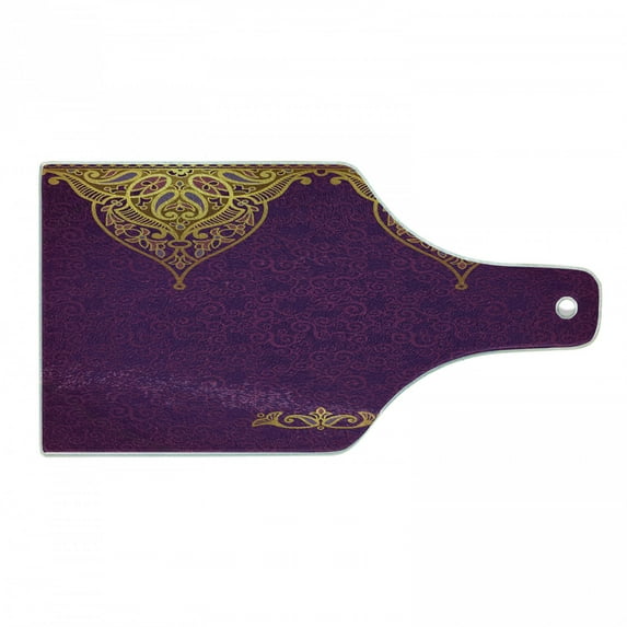 Purple Cutting Board, East Oriental Royal Palace Patterns with Bohemian Style Art Traditional Wedding, Tempered Glass Cutting and Serving Board, Wine Bottle Shape, Purple Yellow, by Ambesonne