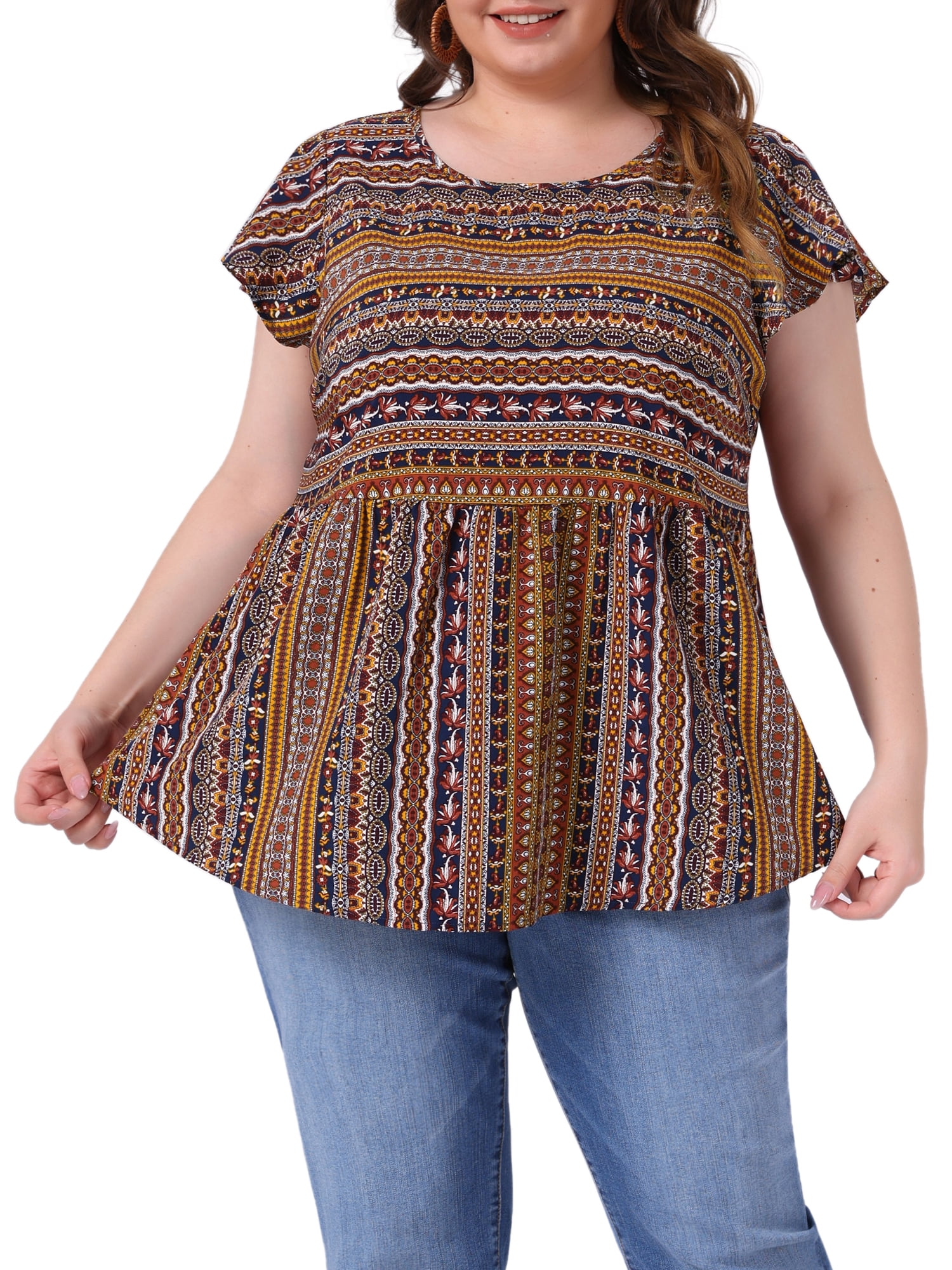 Women's Plus Top Boho Floral Printed Round Neck Ruffle Sleeve Blouses Shirts 4X Orange