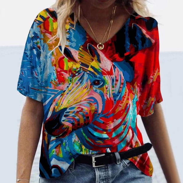 Puntoco 2024 Tops de moda de verano para mujer, camisetas de talla grande para mujer, camisetas estampadas de manga corta con cuello en V, camiseta, blusa