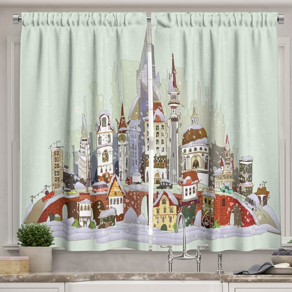 Ambesonne Christmas Kitchen Curtains, Xmas City Holiday, 55"x39", Pale Green Lavender