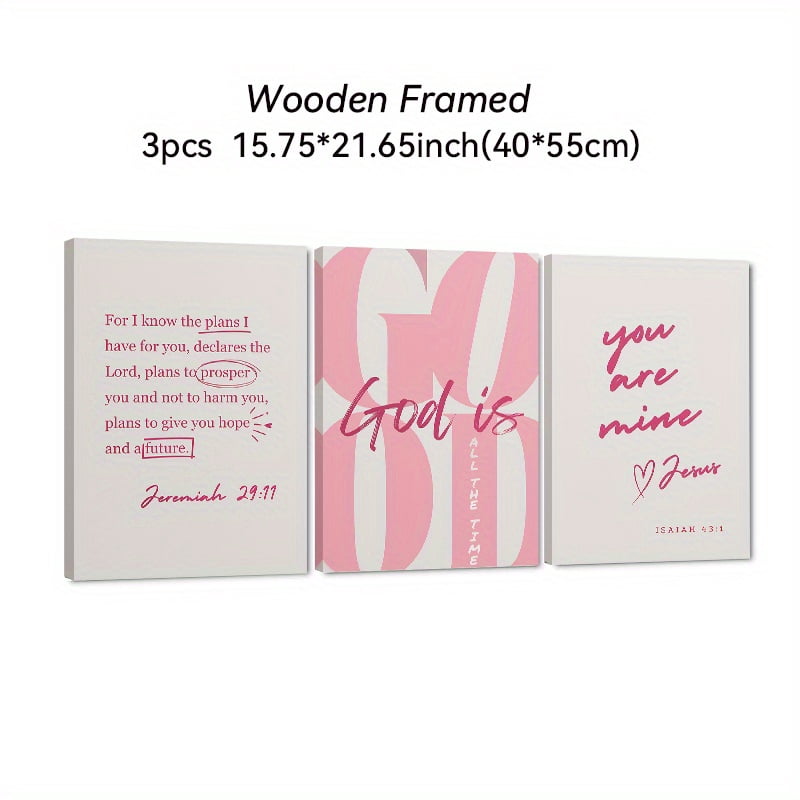 3pcs Trendy Pink Girly Christian God Is Good All The Time Wooden Framed Canvas Painting, Wall Art, Living Room Decoration Bedroom Home Decor, Bedroom Artwork, Modern Wall Painting, Girly Aesthetic,