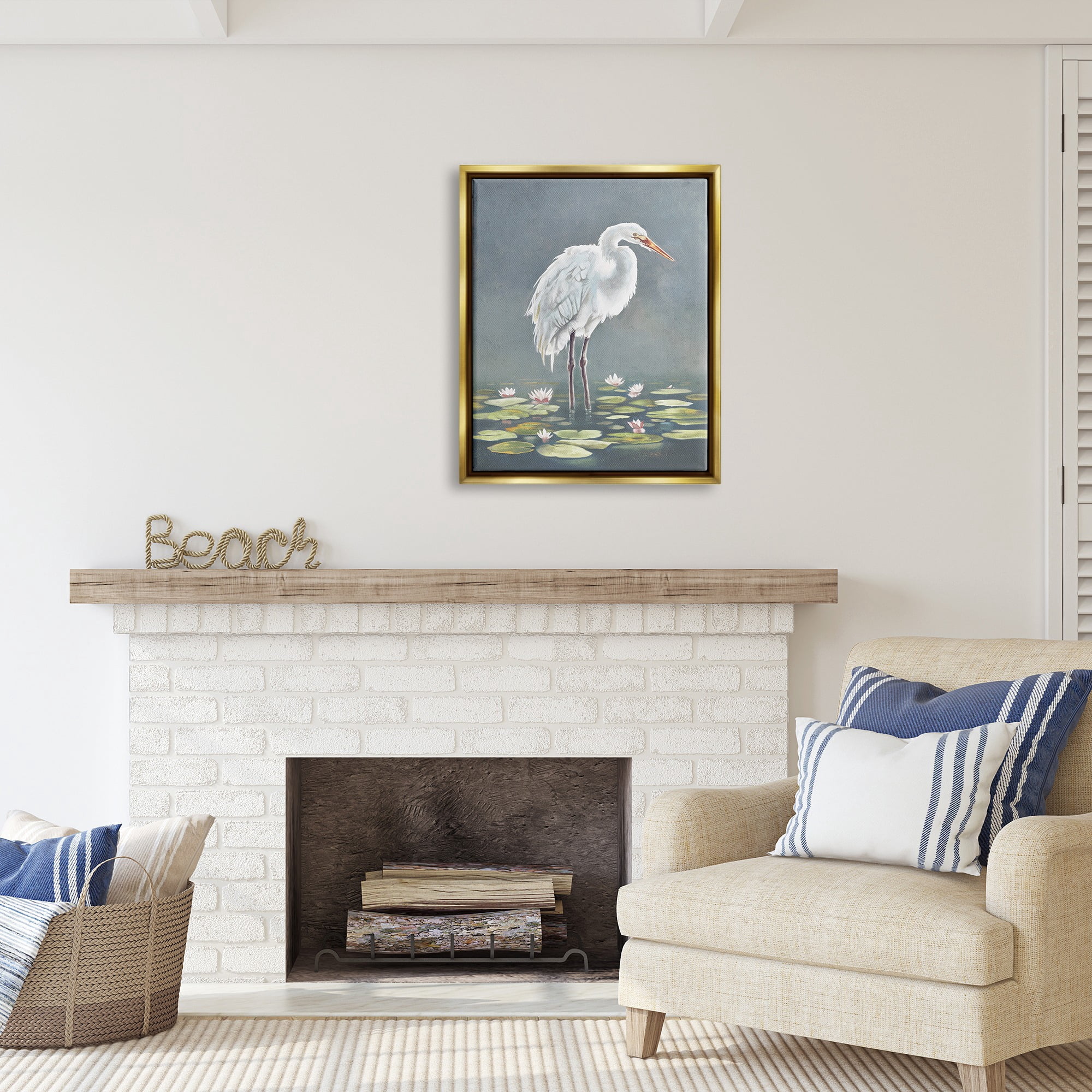 Stupell Industries White Heron & Pond Lilies Animals & Insects Painting Gold Floater Framed Canvas Art Print Wall Art, 25 x 31