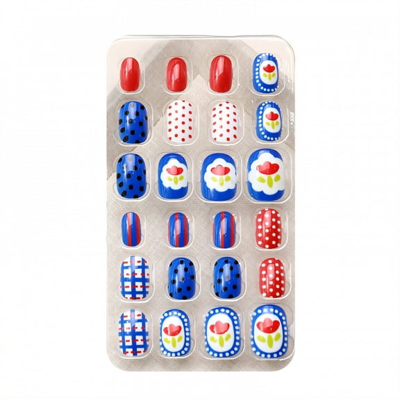 RAGUPEL 24Pcs Press on Nails for Kids,Blue Background Series Kids Nails,Reusable Kids Nails Set for Girls,Style1