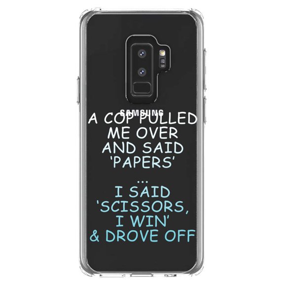 DistinctInk Clear Shockproof Hybrid Case for Samsung Galaxy S9  PLUS (6.2" Screen) - TPU Bumper Acrylic Back Tempered Glass Screen Protector - Cop Pulled Over, Rock Paper Scissors