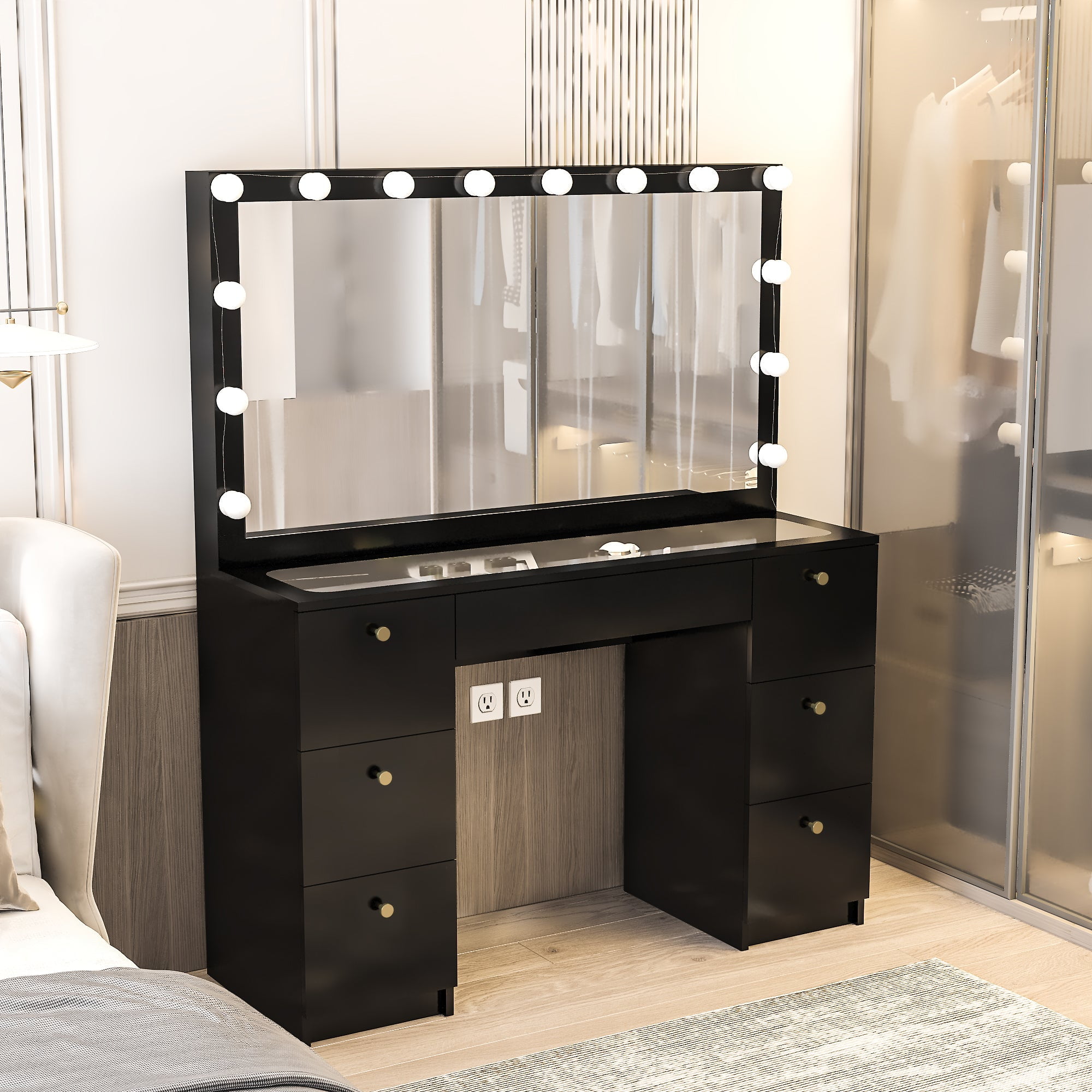 Ibbie Modern Vanity Table 7 Drawers Lights, Mirror Glass Top Golden 